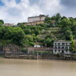 View across the River Avon towards Clifton Rocks Railway, The Colonnade and Avon Gorge Hotel