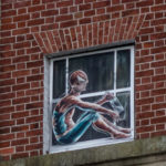 Super hero art in Brunswick Square window, Bristol