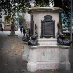 The plinth of Colston's statue in Bristol, UK.