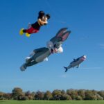Mickey Mouse, Bugs Bunny and Great White Shark kites flying over Durdham Down in Bristol.